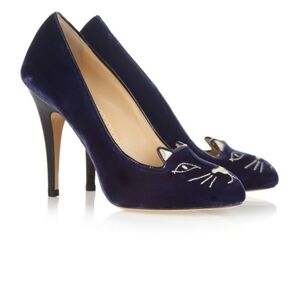 Charlotte Olympia Kitty Cat Embroidered Velvet Pump Black Gold Size 36/6